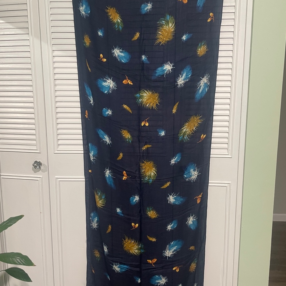 Talbots Navy Scarf with Blue and Gold Feather Motif